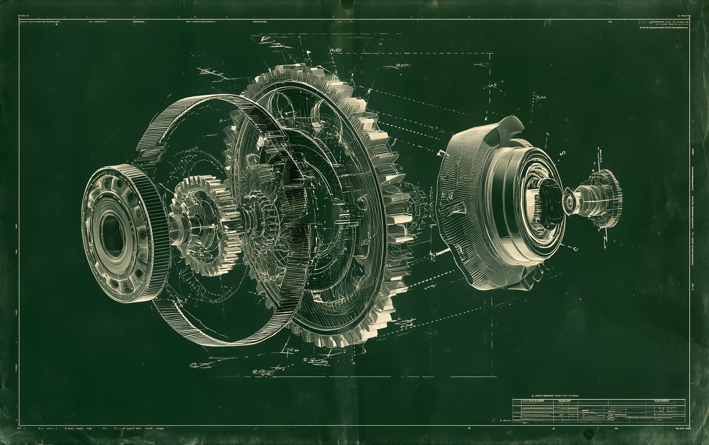 Blueprint drawing of an exploded gear and drivetrain assembly